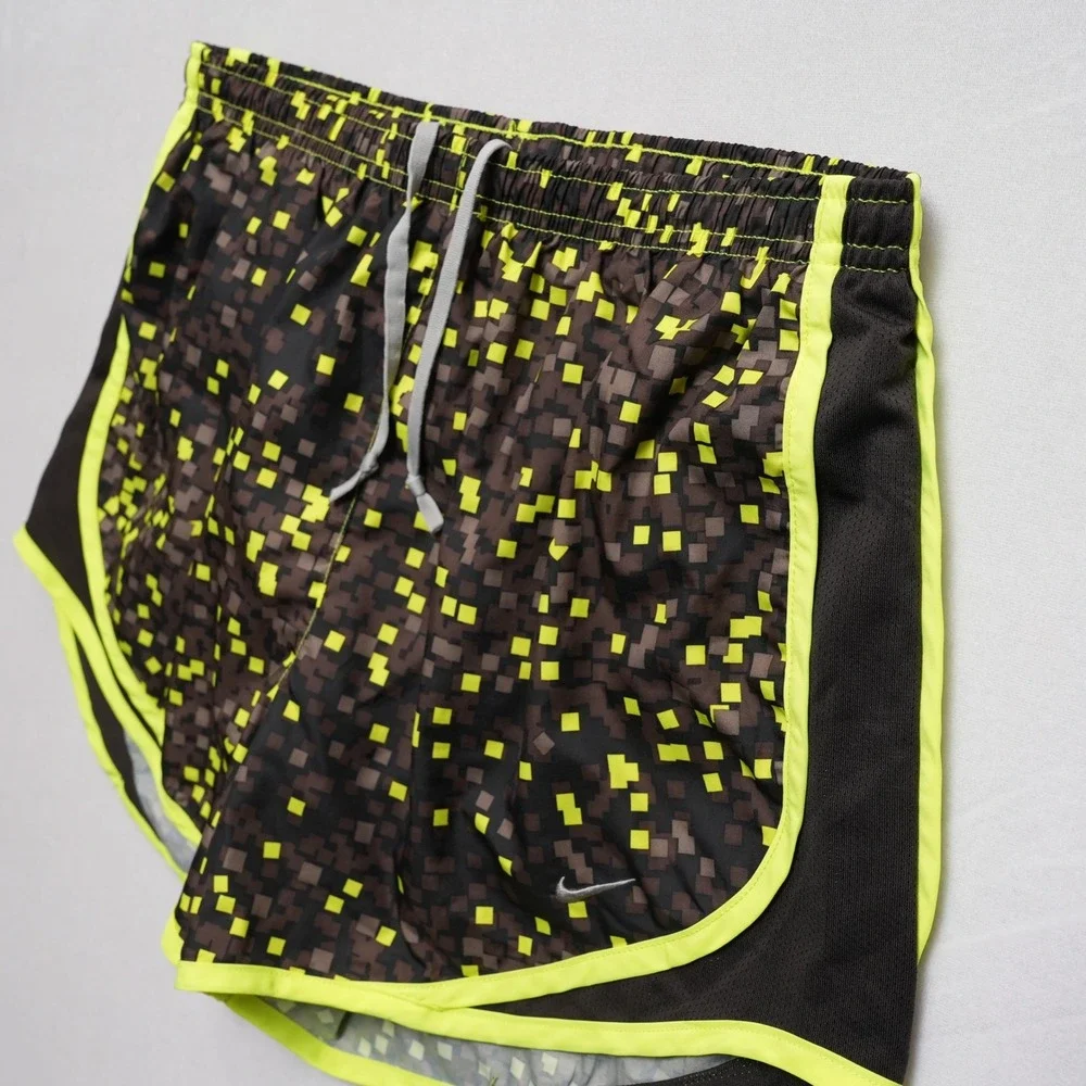 Nike Dri-Fit Running Shorts Women‎ M Brown Yellow Digital Pixel Print Drawstring